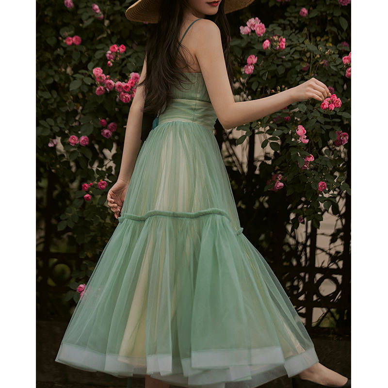 Women's Green Suspender Long Bridesmaid Dress