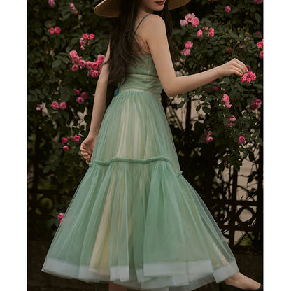 Women's Green Suspender Long Bridesmaid Dress