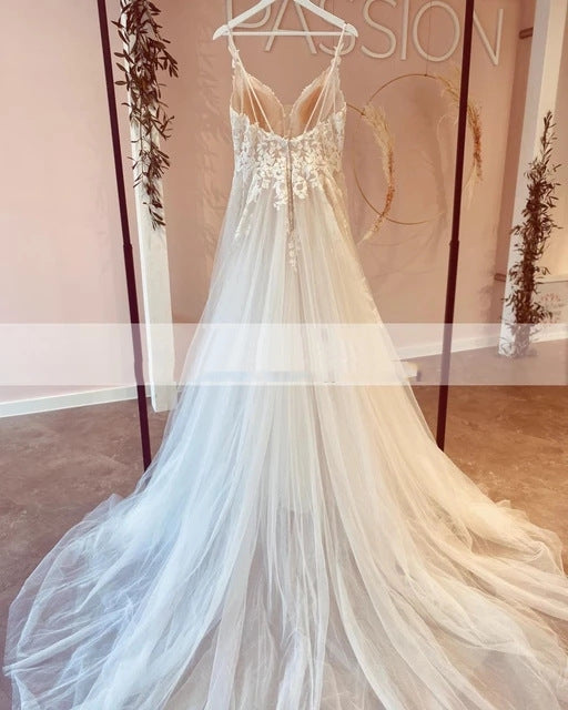 Classic V-Neck Satin A-Line Wedding Dress with Delicate Lace Straps.