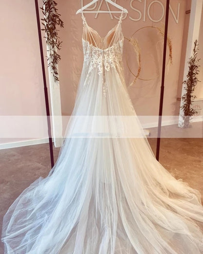 Classic V-Neck Satin A-Line Wedding Dress with Delicate Lace Straps.