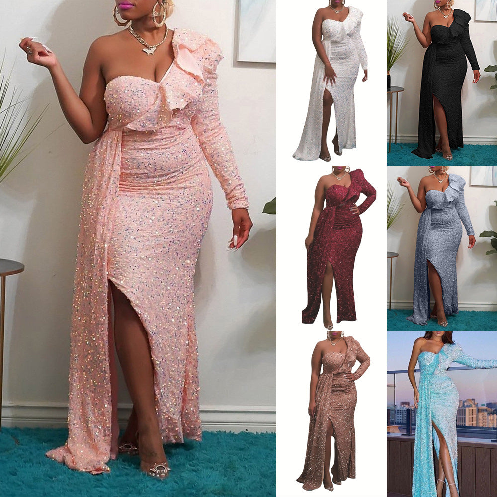 Fashion New One Shoulder Sequin Formal Bridesmaid Party Long Dress