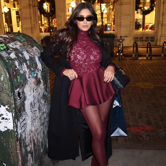 Lace Stitching Round-neck Long-sleeved Sexy Dress