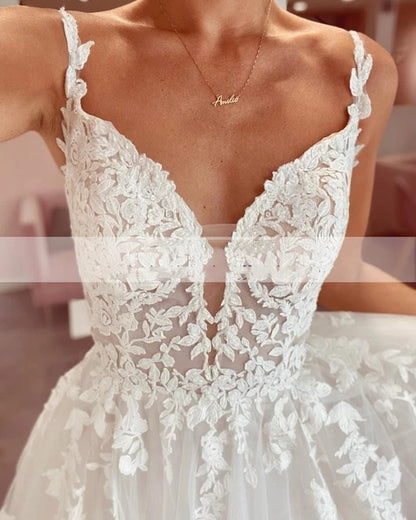 Classic V-Neck Satin A-Line Wedding Dress with Delicate Lace Straps.