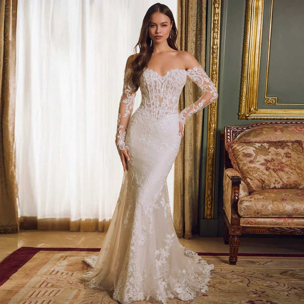 Elegant Off-Shoulder Lace Fishtail Wedding Gown