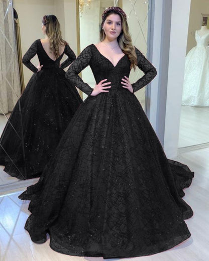 Long Sleeve Sequin Ball Gown - V-Neck A-Line Formal Evening Dress
