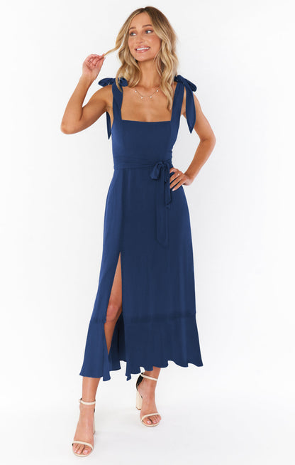 Women's Summer Elegant Square Neck Ruffle Split Midi Formal Dress