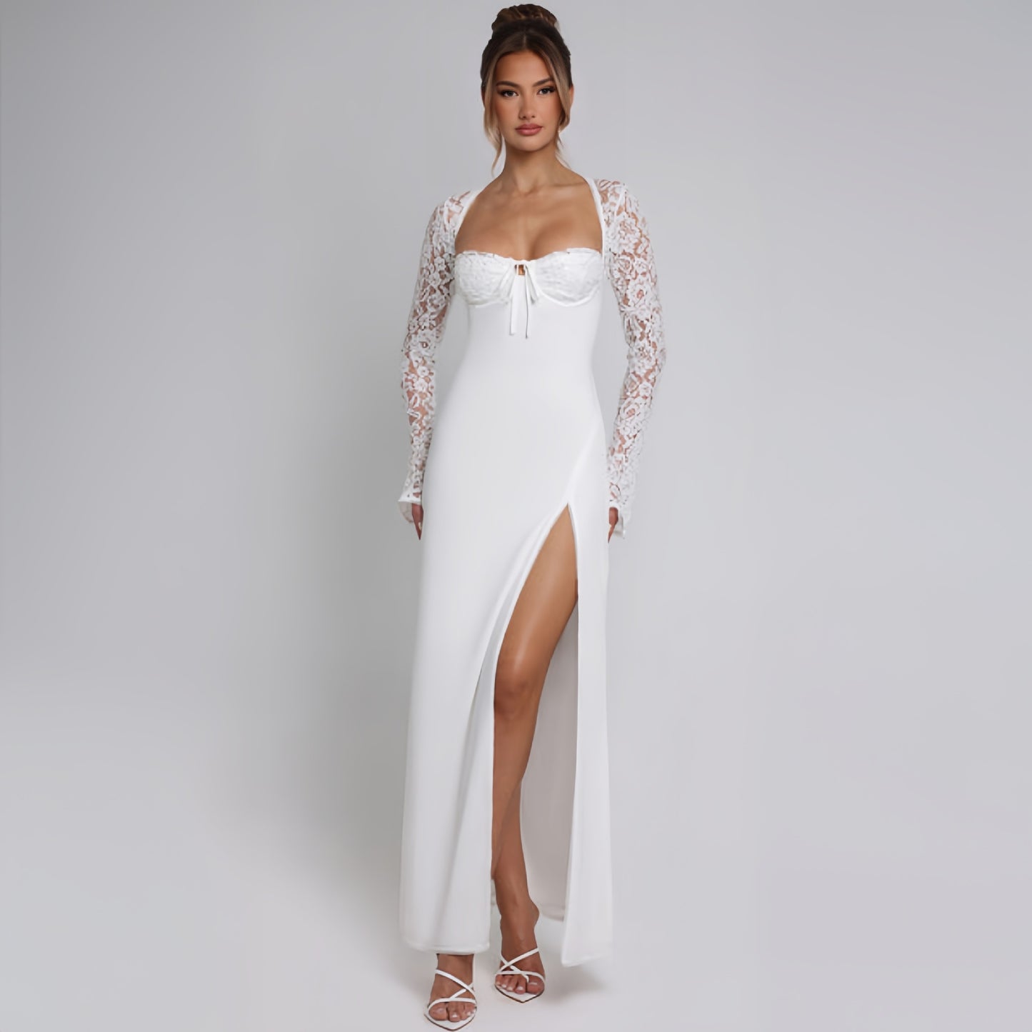 Women's Lace Stitching Dress Self-tie Slit Dress