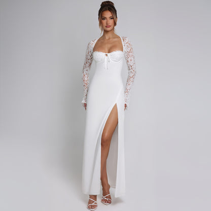 Women's Lace Stitching Dress Self-tie Slit Dress