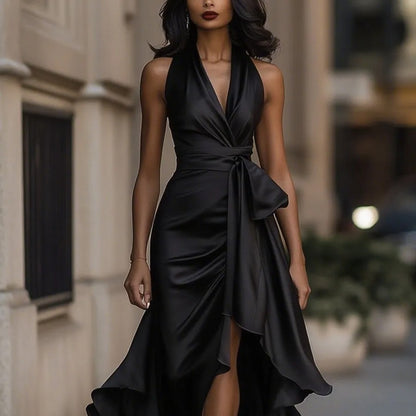 Elegant Deep V-neck Irregular Women's Ruffled Evening Dress Gowns Solid Color Lace-up High Waist Satin Party Dresses Wedding Guests Dress