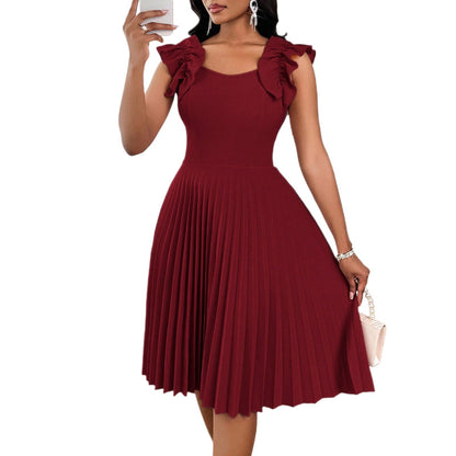 Womens Solid-Color Ruffle-Sleeve Square-Neck Pleated Dress