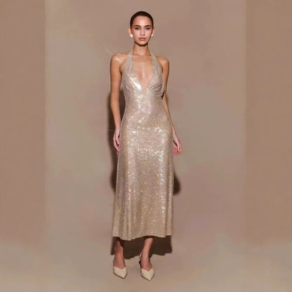 Women's Fashion Deep V-neck Prom Sequin Sling Formal Dress