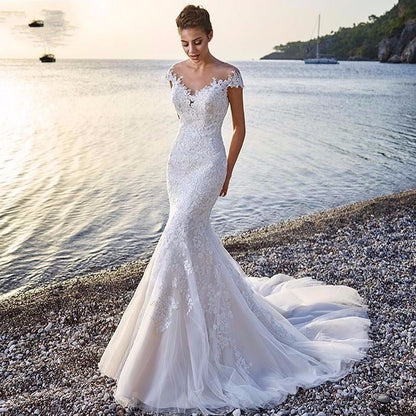 Mermaid White Trailing Perspective Backless Lace Wedding Dress