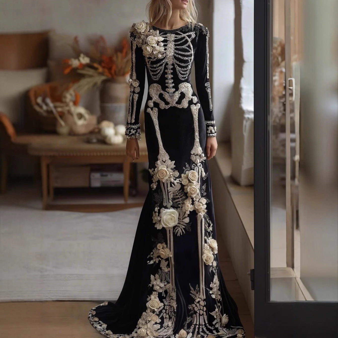 Beautiful Ball Gown Formal Skeleton Bones Halloween Dress