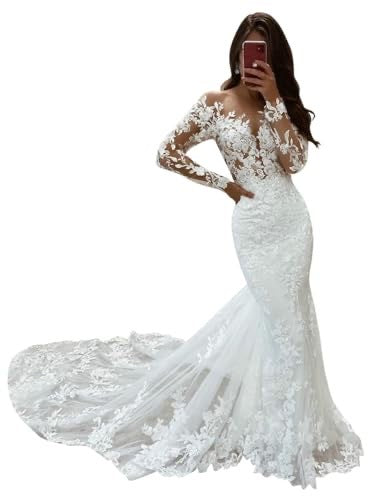 Long Sleeve Lace Mermaid Wedding Dress with Deep V-Neck and Train.