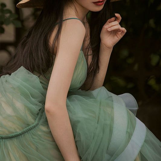 Women's Green Suspender Long Bridesmaid Dress